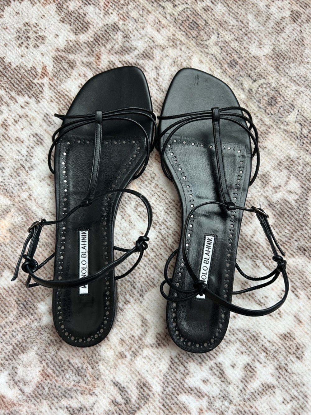 Manolo Blahnik Black Strappy Leather Flat Sandals